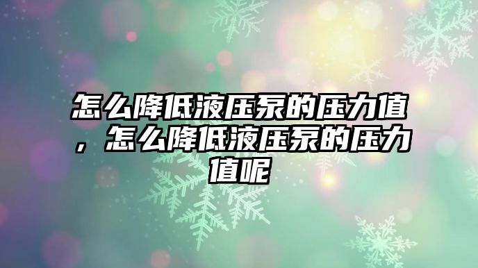 怎么降低液壓泵的壓力值，怎么降低液壓泵的壓力值呢